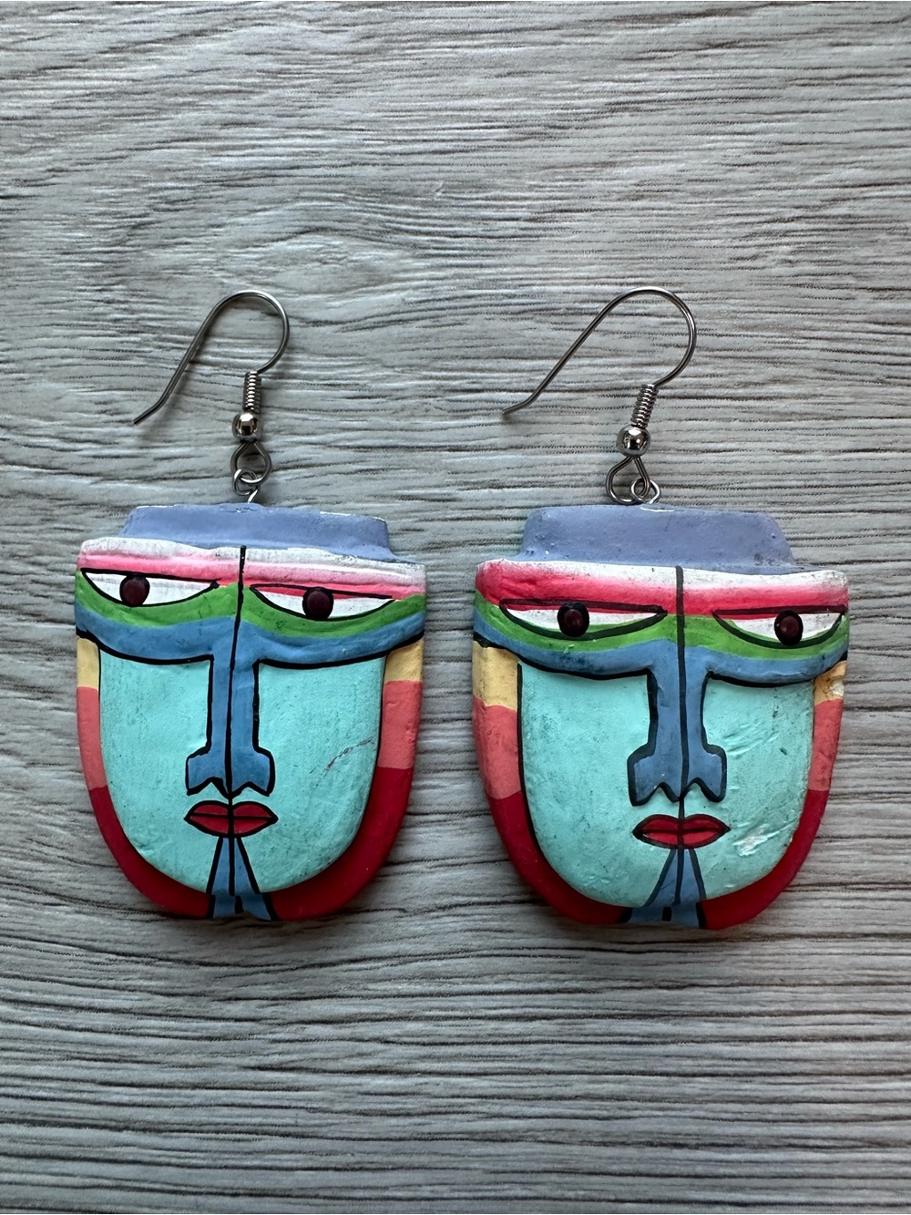 Hand Painted Tribal Mask Statement Dangle Earrings Cubist Boho